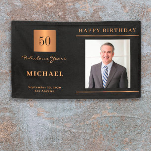 Black gold 50th birthday custom photo party banner