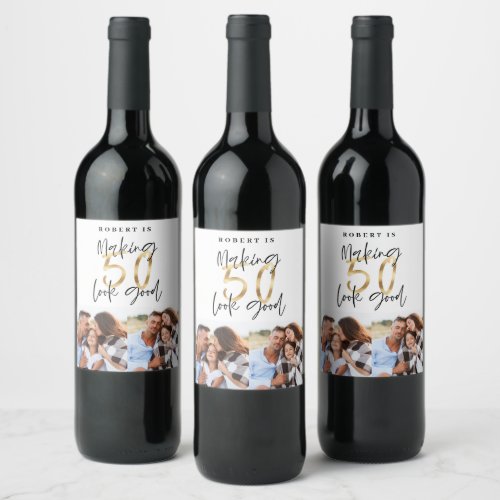 Black gold 50th birthday multi photo party favor wine label