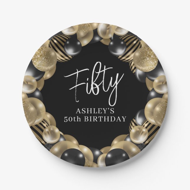 Black Gold 50th Birthday Paper Plates (Front)