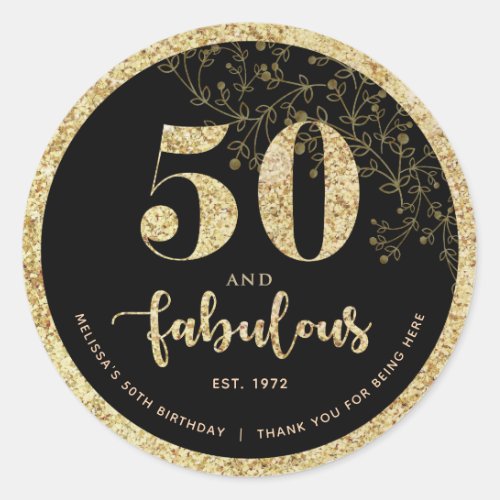 Black  Gold 50th Birthday Party Favor Sticker 