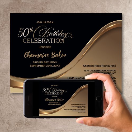 Black Gold 50th Birthday Party Invitation