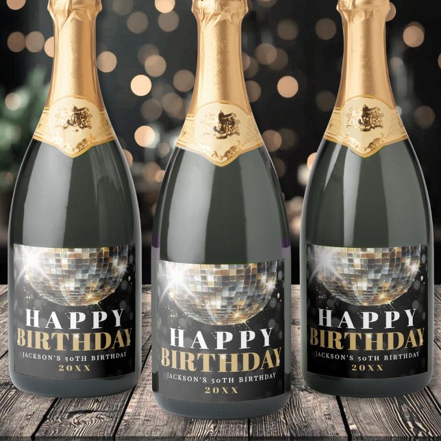 Black Gold 50th Birthday Party Sparkling Wine Label (Black Gold 50th Birthday Classic Round Sticker)