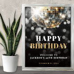 Black Gold 50th Birthday Party Welcome Sign<br><div class="desc">Black and Gold Birthday Welcome Sign. Set the tone for the celebration with this bold welcome sign featuring a deep black background and fun gold disco ball details. "Happy Birthday" appears in a mix of white and gold serif fonts for a clean, modern look. Beneath the greeting, there’s space to...</div>