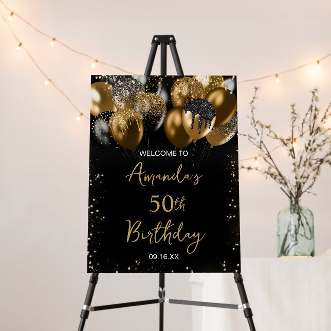 Black Gold 50th Birthday Party Welcome Sign (In Situ (Stand))