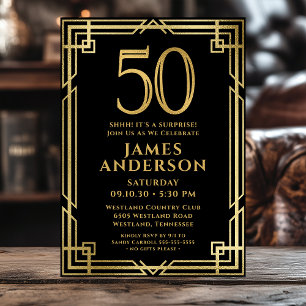 Black Gold 50th Birthday Photo Surprise Party Invitation