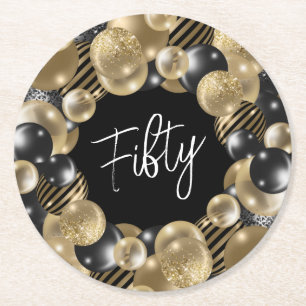 Black Gold 50th Birthday Round Paper Coaster