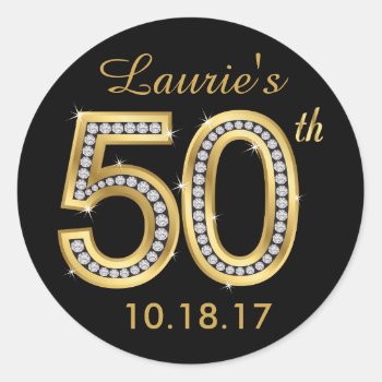 Black & Gold 50th Birthday Stickers | Diamond by AnnounceIt at Zazzle