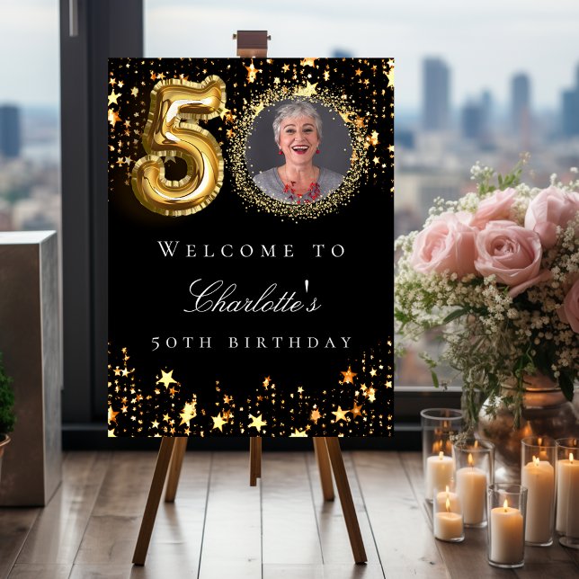 Black gold 50th photo birthday party welcome foam board (Creator Uploaded)