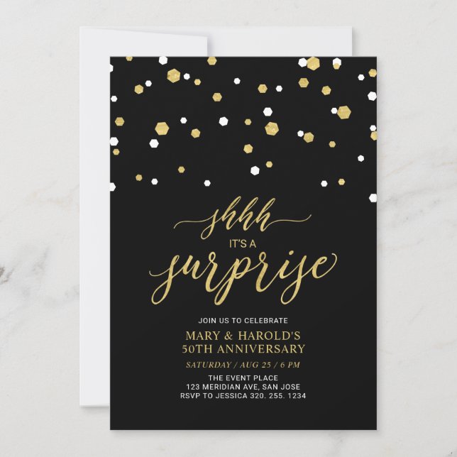 Black & Gold | 50th Surprise Wedding Anniversary Invitation (Front)