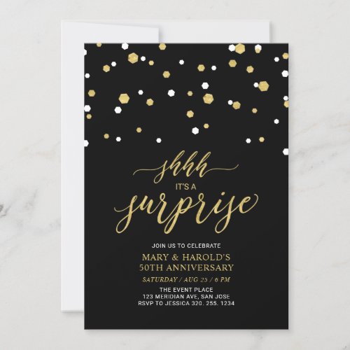 Black  Gold  50th Surprise Wedding Anniversary Invitation