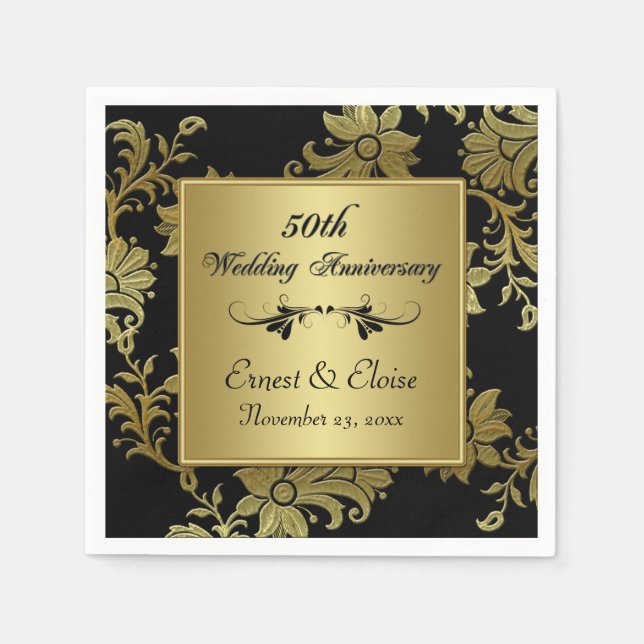 Black, Gold 50th Wedding Anniversary Napkins (Front)