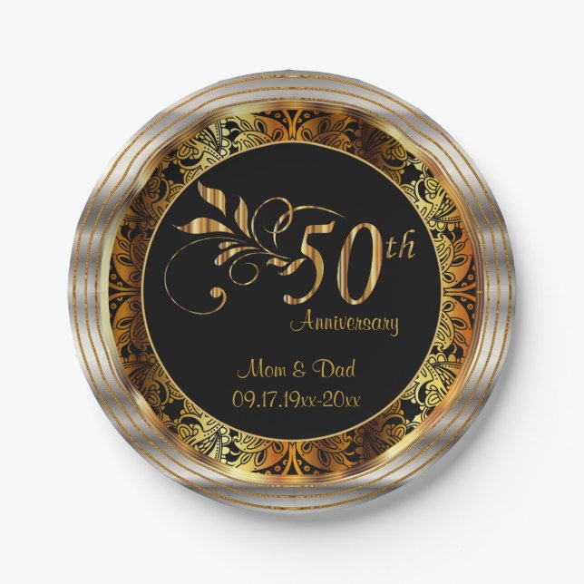 Black & Gold 50th Wedding Anniversary Paper Plates (Front)