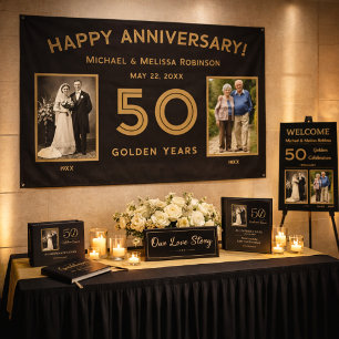 Black & Gold 50th Wedding Anniversary Photo Banner