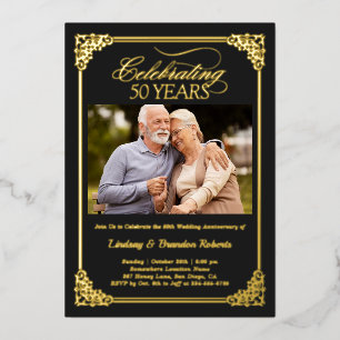 Black Gold 50th Wedding Anniversary Photo Foil Invitation