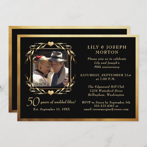 Black  Gold 50th Wedding Anniversary Photo Invitation