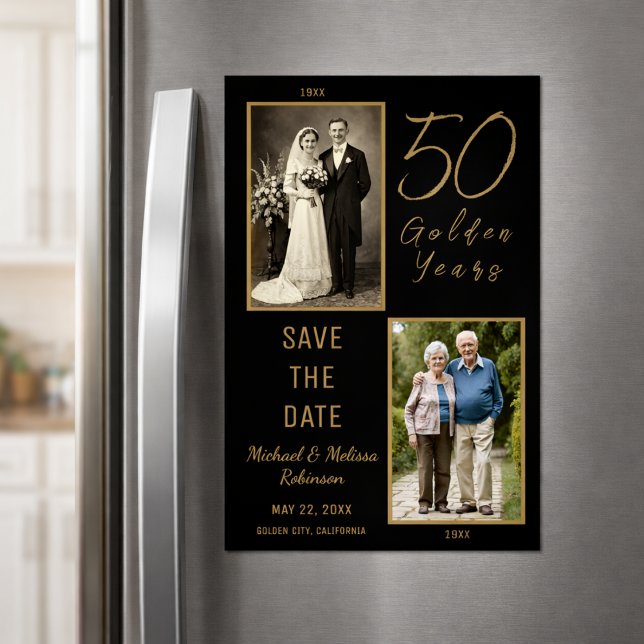 Black Gold 50th Wedding Anniversary Save the Date Magnetic Invitation (Elegant 50th anniversary magnet displayed beautifully on a kitchen fridge.)