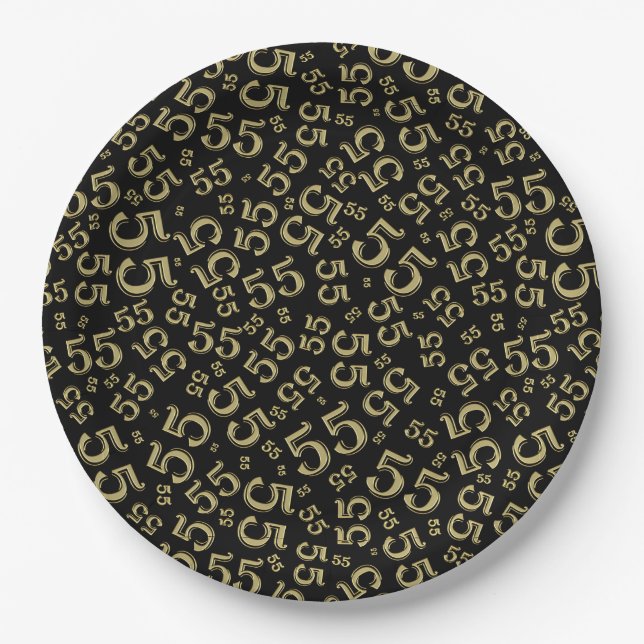  Black/Gold 55th Random Number Pattern Paper Plates (Front)