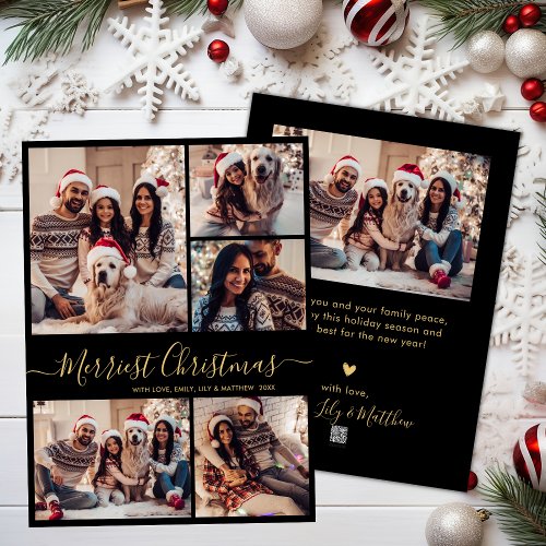 Black Gold 5 Photo Collage Merriest Christmas  Holiday Card