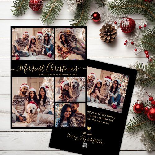 Black Gold 5 Photo Collage Merriest Christmas  Holiday Card