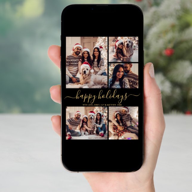 Black Gold 5 Photo Happy Holidays Christmas Holiday Card (Front Digital)