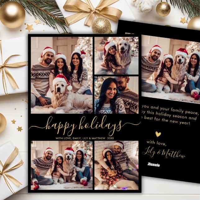 Black Gold 5 Photo Happy Holidays Christmas Holiday Card (Creator Uploaded)