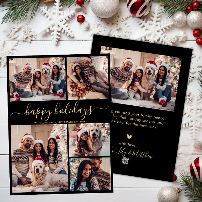 Black Gold 5 Photo Happy Holidays Christmas Holiday Card (Creator Uploaded)