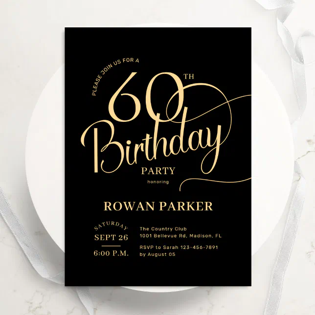 Black Gold 60th Birthday Elegant Script Invitation | Zazzle