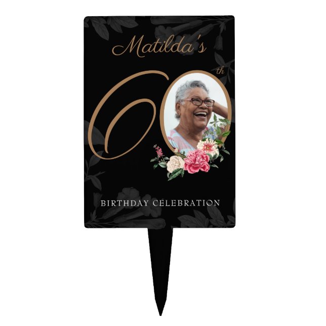 Black Gold 60th Birthday Floral Botanical Photo Cake Topper (Front)