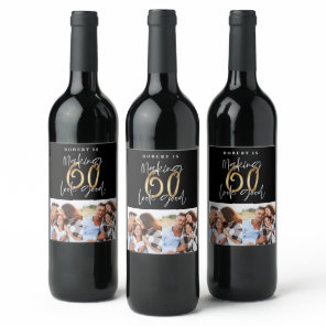 Black gold 60th birthday multi photo party wine label
