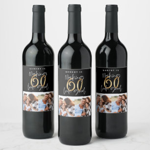Black gold 60th birthday multi photo party wine label