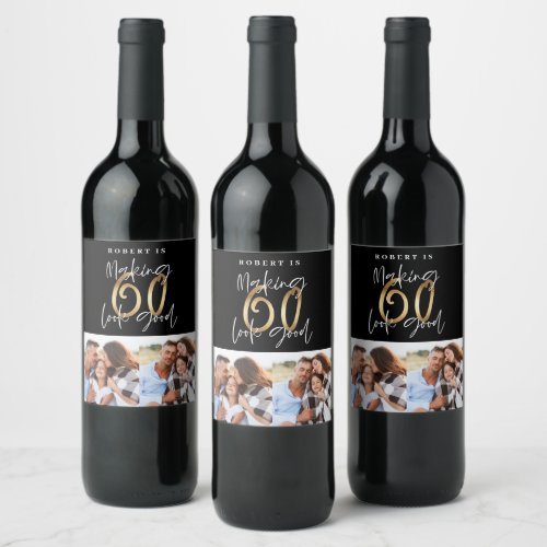 Black gold 60th birthday multi photo party wine label