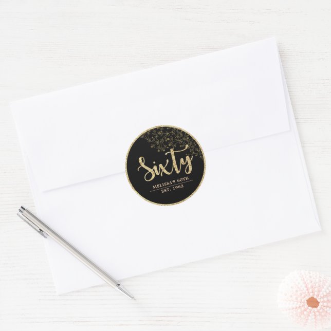 Black & Gold 60th Birthday Party Favor Sticker (Envelope)
