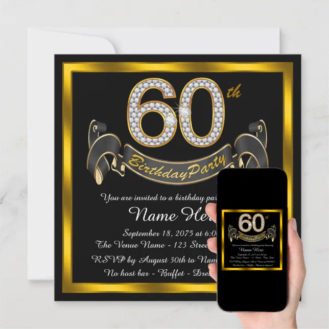 Black Gold 60th Birthday Party Invitation | Zazzle