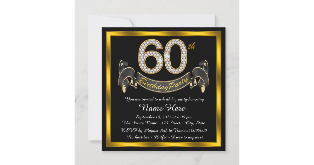 Black Gold 60th Birthday Party Invitation | Zazzle