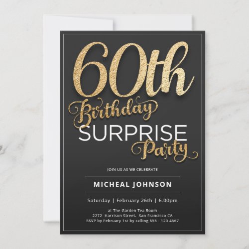 Black Gold 60th Birthday Surprise Elegant Custom Invitation