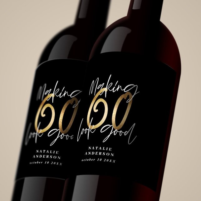 Black gold 60th birthday typography party favor  wine label (Creator Uploaded)