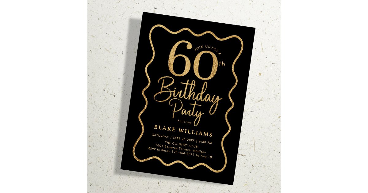 Border Design 60th Black Gold 60th Birthday Wavy Border Invitation | Zazzle