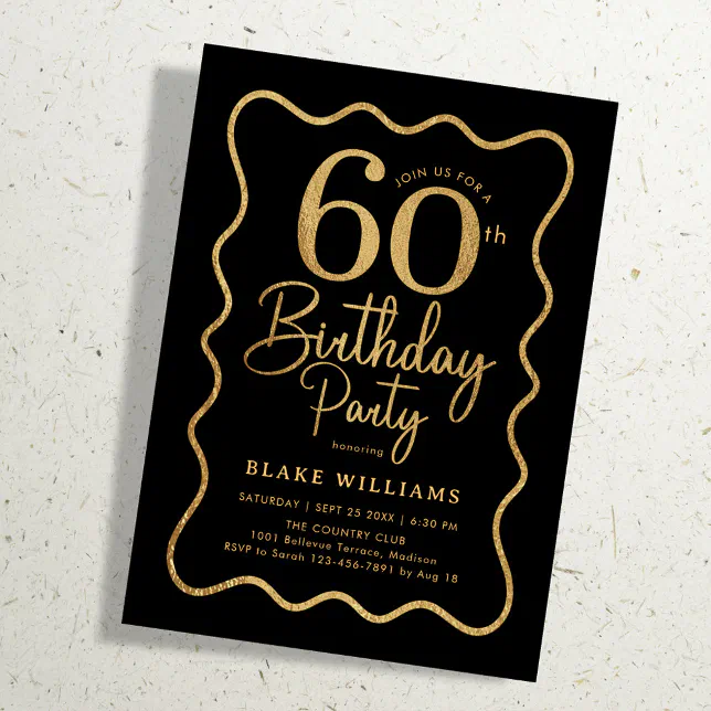 Border Design 60th Black Gold 60th Birthday Wavy Border Invitation | Zazzle