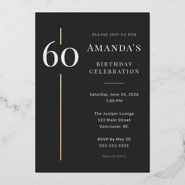 Black Gold 60th Milestone Birthday Celebration Foil Invitation (Front)