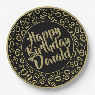 Black/Gold 60th Random Number Pattern Paper Plates