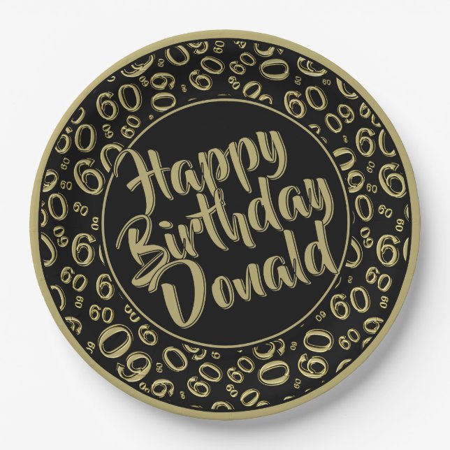 Black/Gold 60th Random Number Pattern Paper Plates (Front)