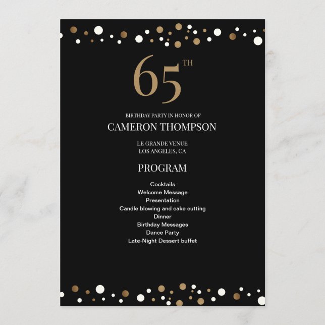 Black Gold 65th birthday Elegant Party Program (Back)