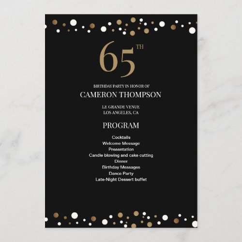 Black Gold 65th birthday Elegant Party Program