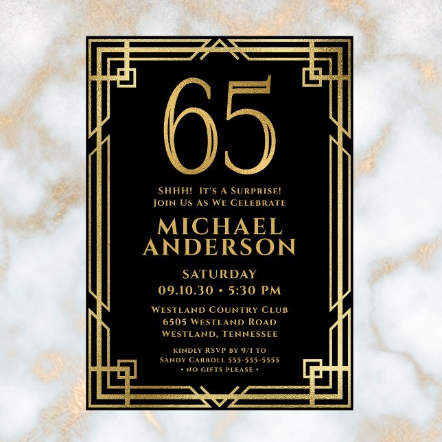 Black Gold 65th Birthday Photo Surprise Party Invitation (Creator Uploaded)