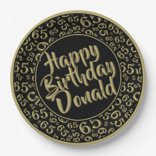 Black/Gold 65th Random Number Pattern Paper Plates