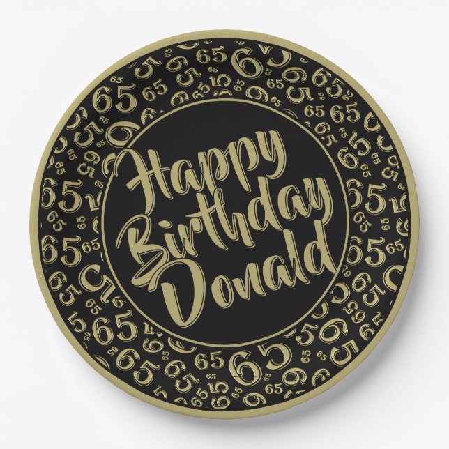 Black/Gold 65th Random Number Pattern Paper Plates (Front)