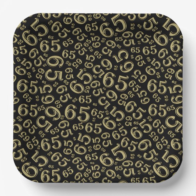  Black/Gold 65th Random Number Pattern Paper Plates (Front)