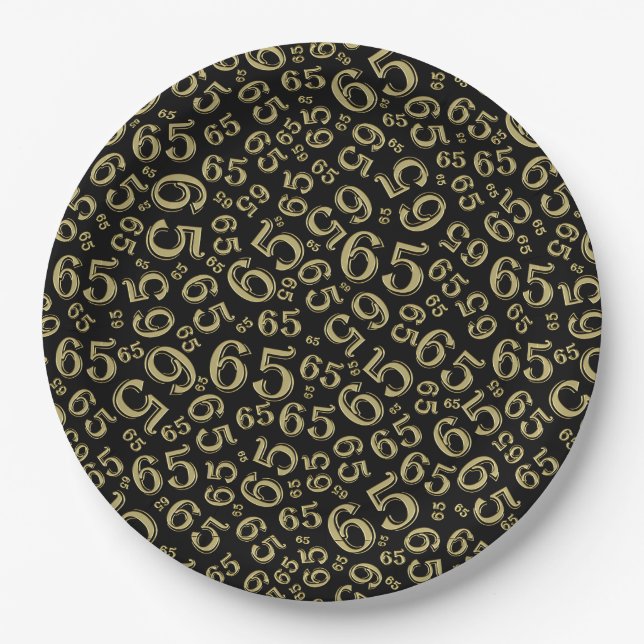  Black/Gold 65th Random Number Pattern Paper Plates (Front)