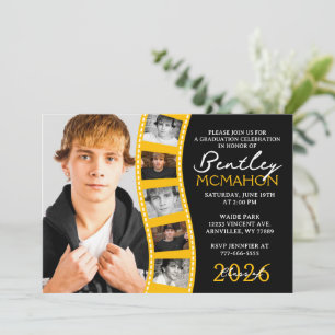 Black & Gold 6 Photo Filmstrip Graduation Collage Invitation