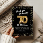 Black Gold 70th Adult Birthday Thank You Card<br><div class="desc">Elegant seventieth birthday party thank you cards featuring a stylish black background that can be changed to any color,  gold sparkly glitter,  seventy gold hellium balloons,  and a modern thank you template that is easy to personalize.</div>